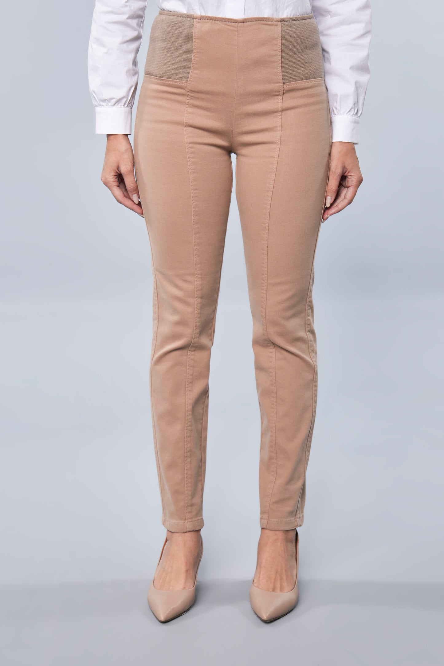 calça malha color skinny cintura intermediária cós de tricot largo