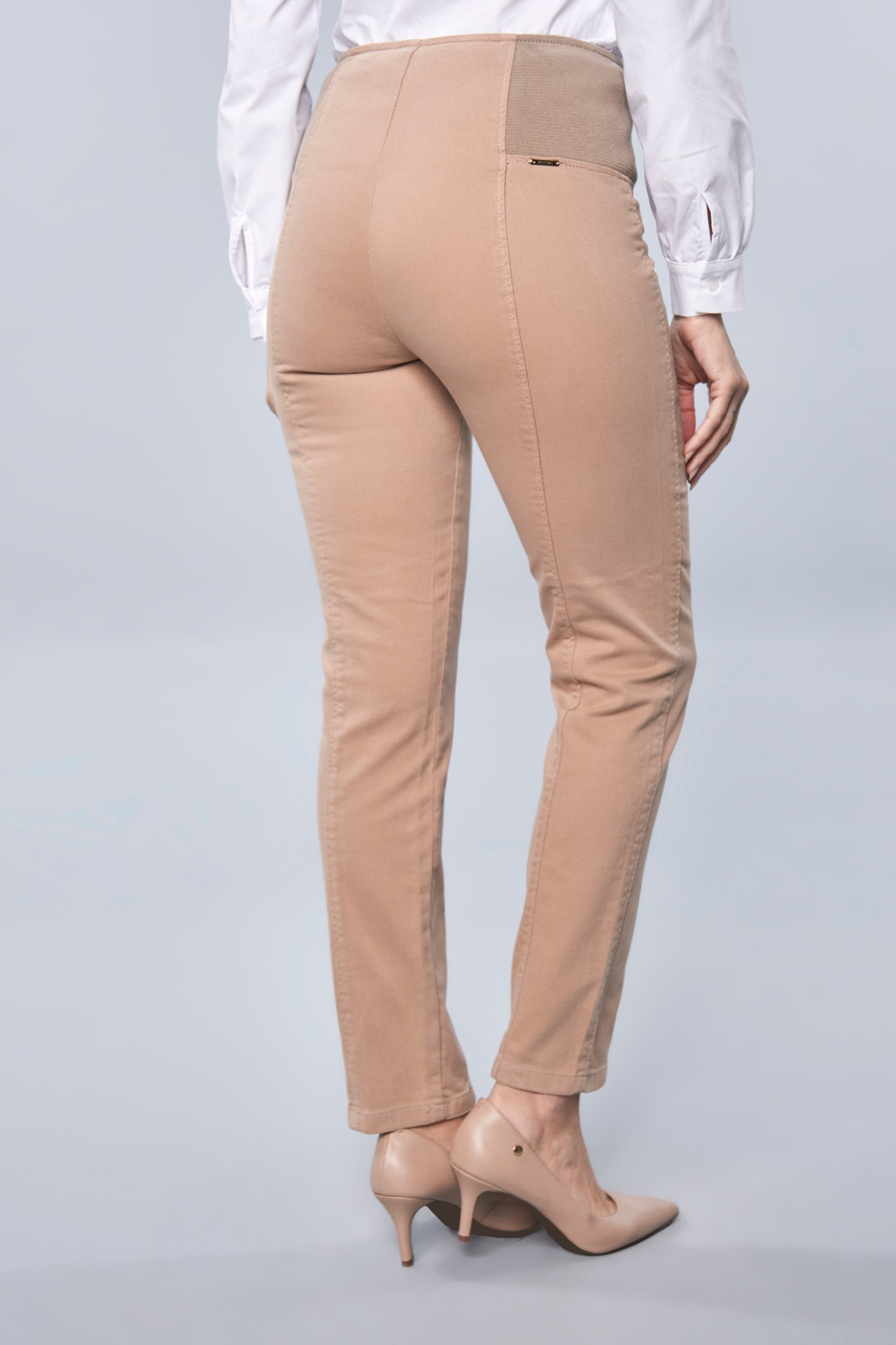 calça malha color skinny cintura intermediária cós de tricot largo