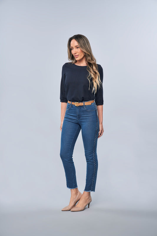 calça jeans skinny cintura intermediária com detalhe trançado