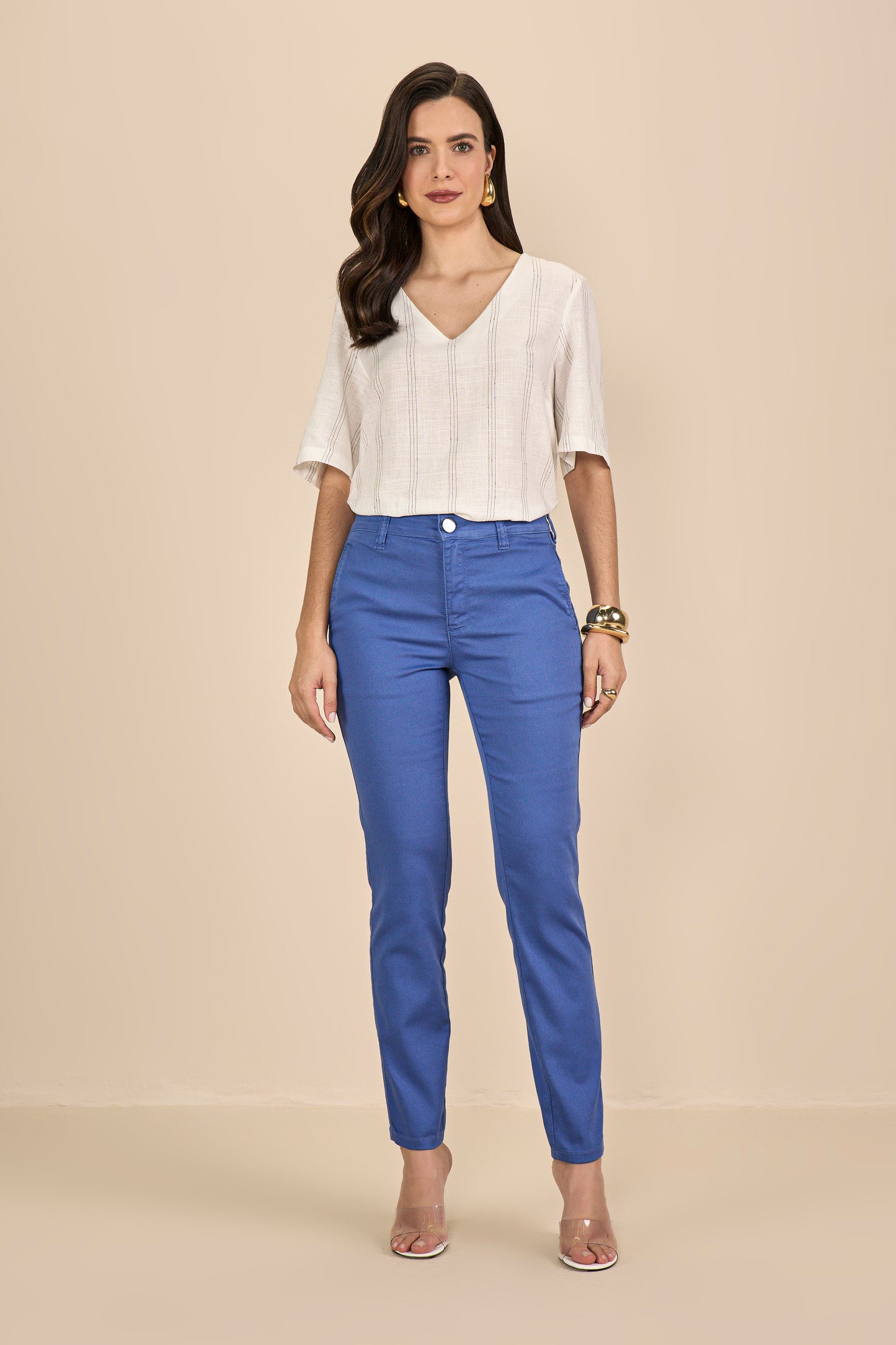 calça sarja color skinny cintura intermediária alfaiataria