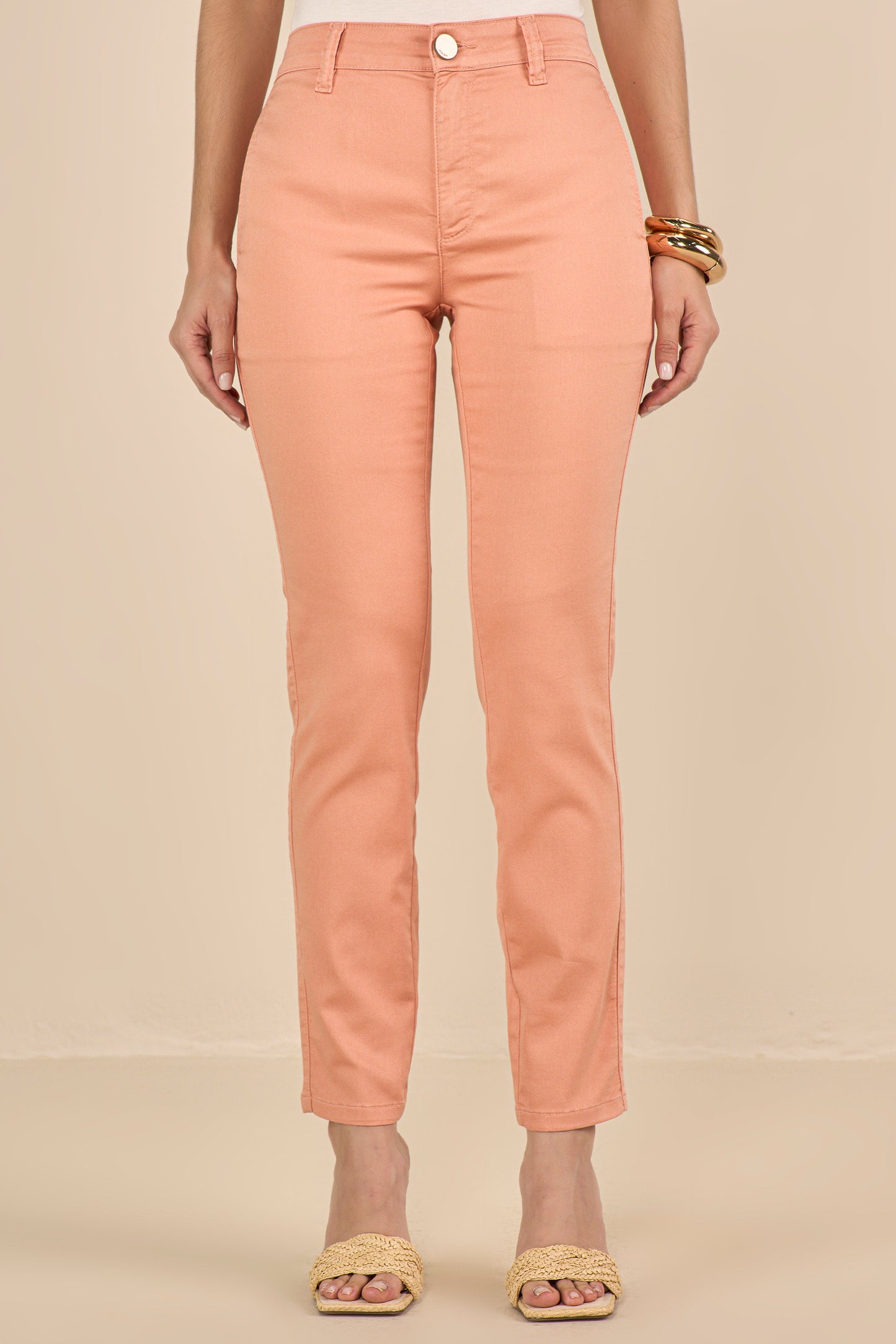 calça sarja color skinny cintura intermediária alfaiataria
