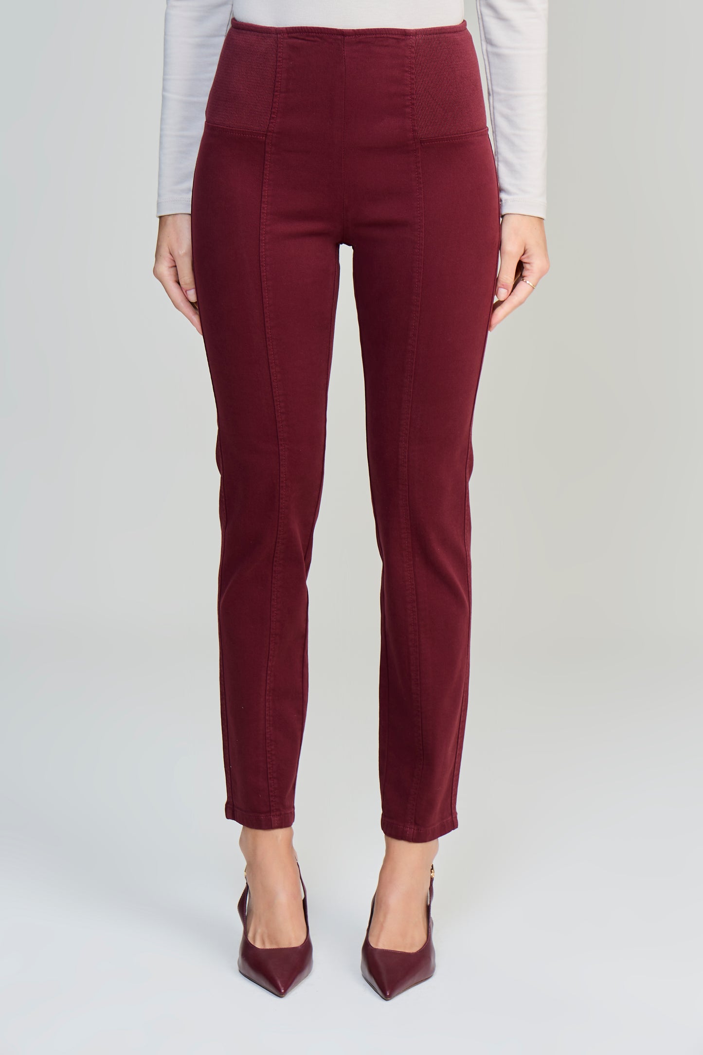 calça malha color skinny cintura intermediária cósde tricot largo