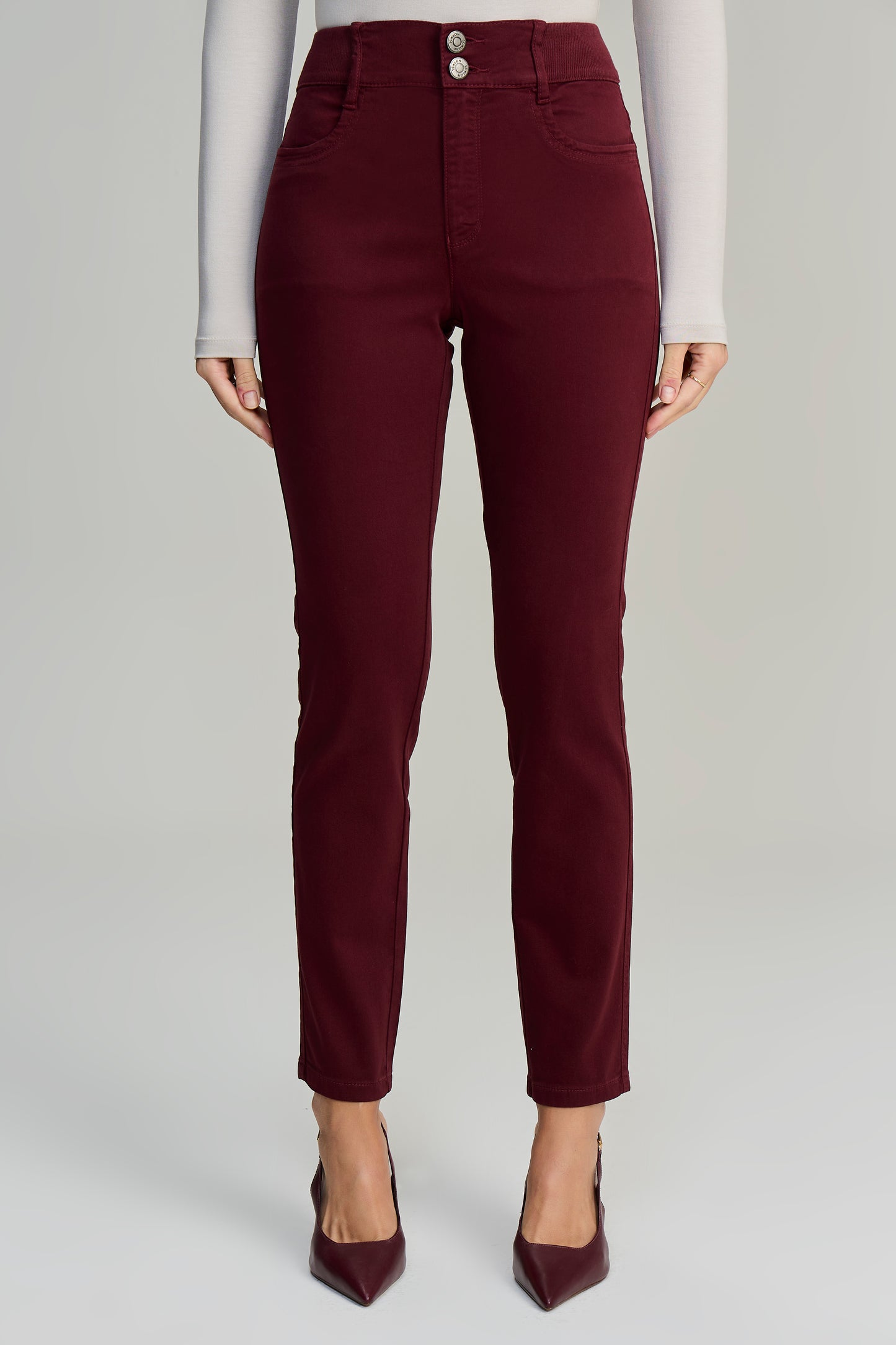 calça malha color skinny cintura intermediária cós de tricot
