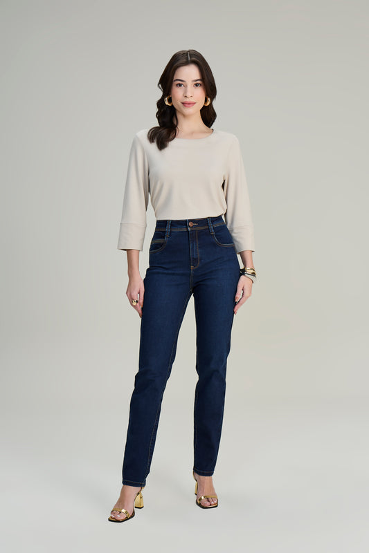 calça jeans skinny cintura intermediária com pespontos