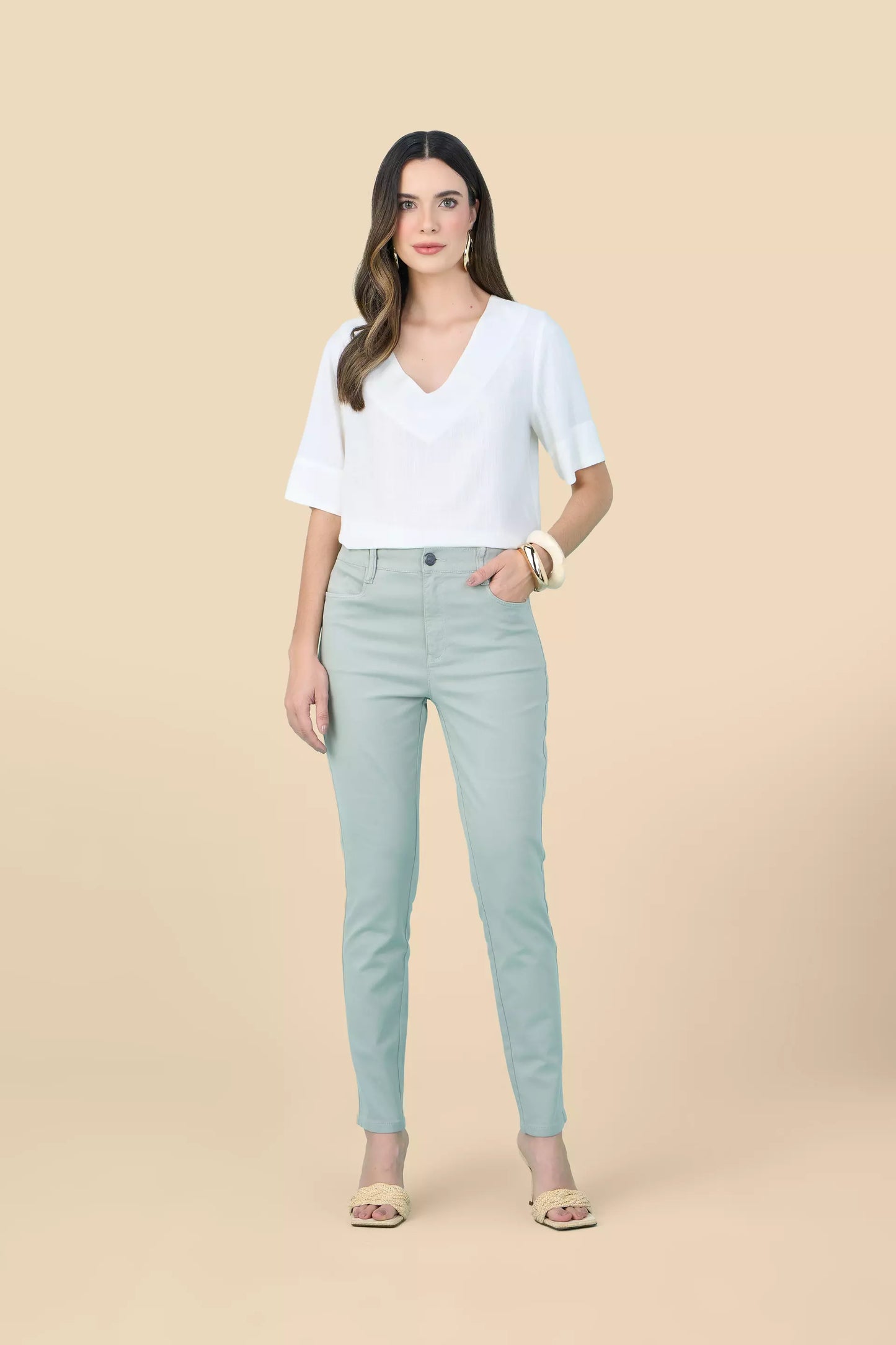 calça malha color skinny cintura intermediária com elástico