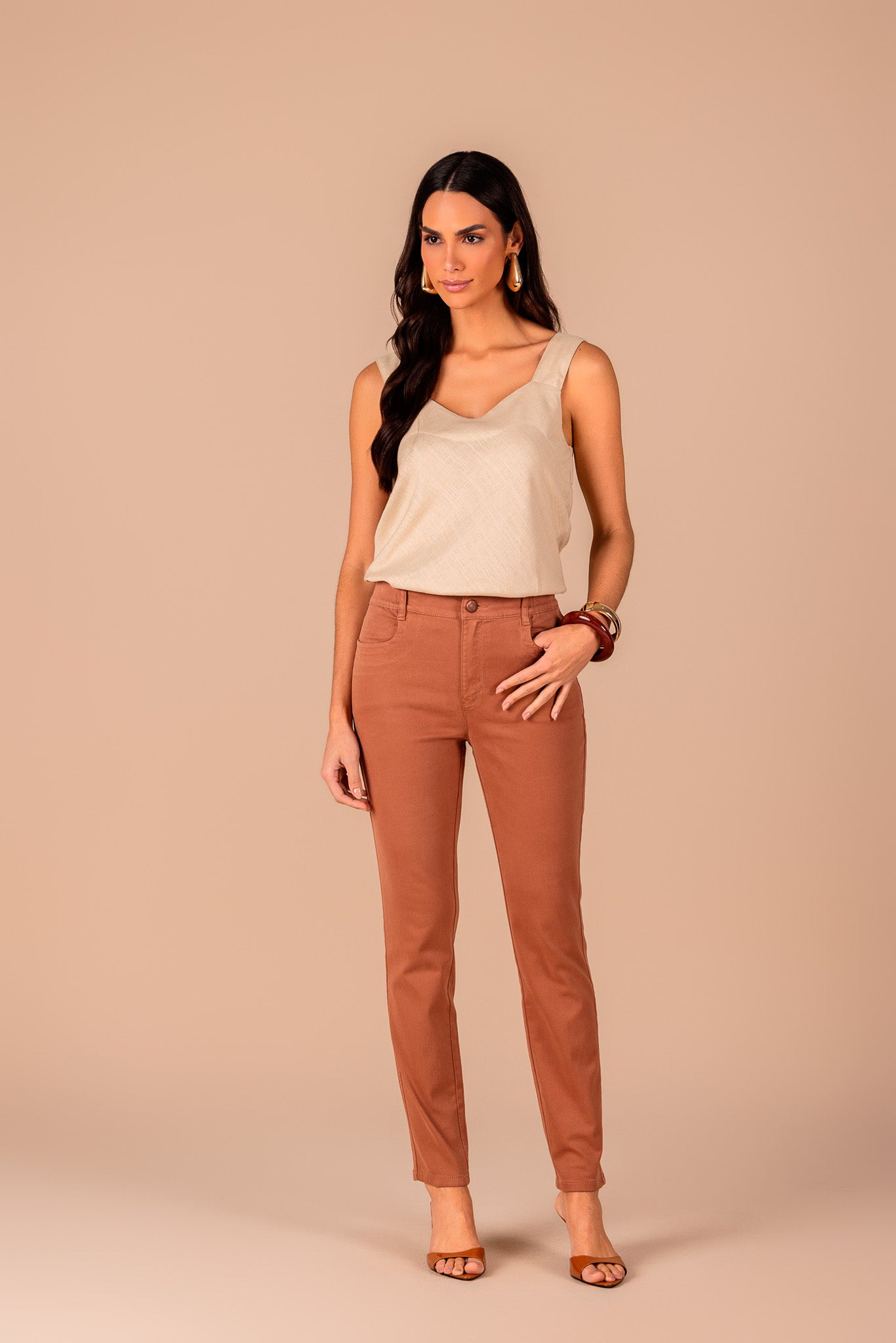 calça malha color skinny cintura intermediária com elástico