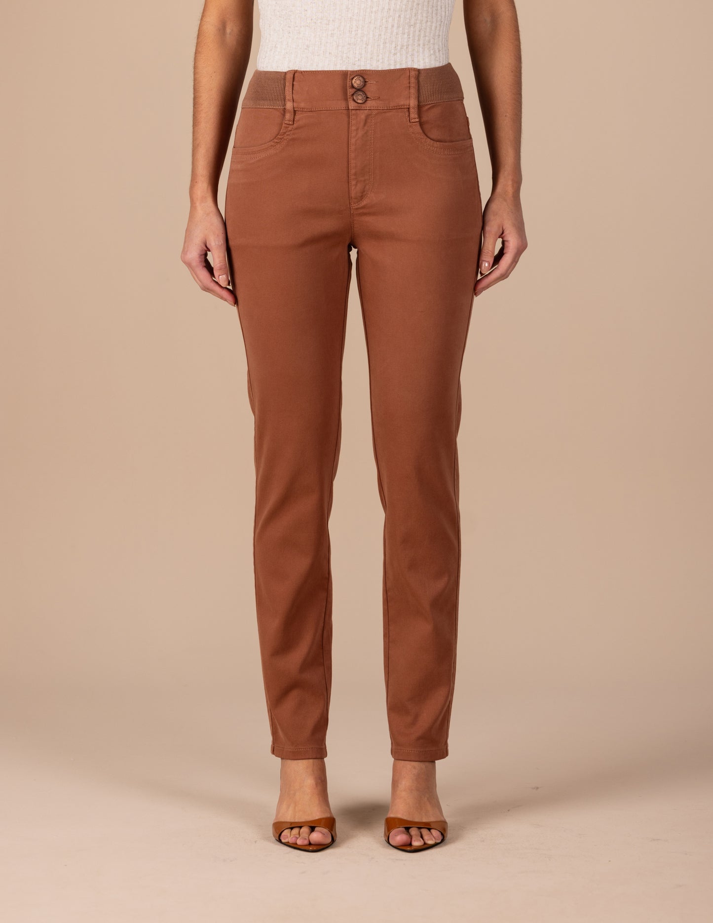 calça malha color skinny cintura intermediária cós de tricot