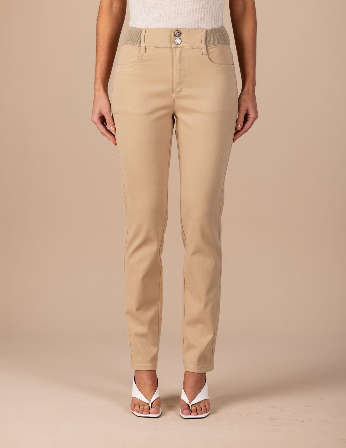 calça malha color skinny cintura intermediária cós de tricot