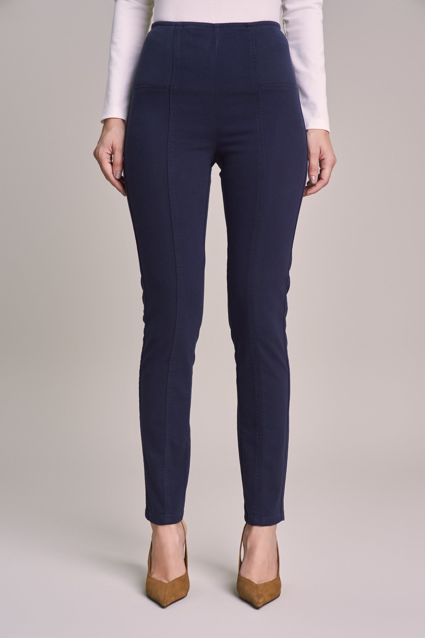 calça malha color skinny cintura intermediária cós de tricot largo