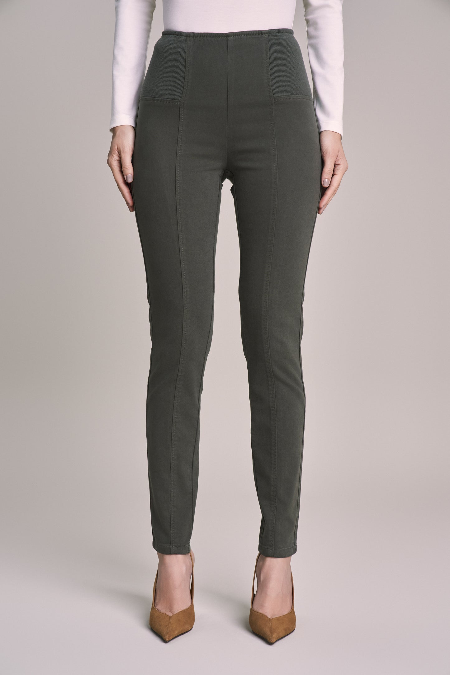 calça malha color skinny cintura intermediária cós de tricot largo