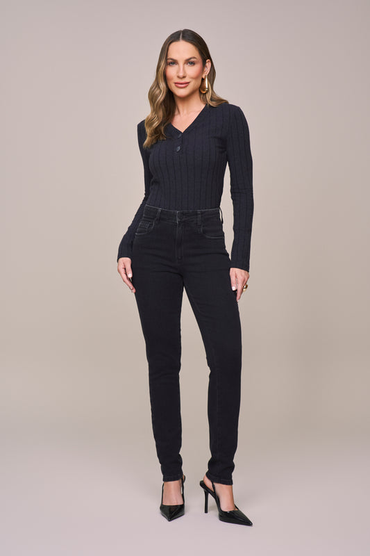 calça jeans black skinny cintura intermediária com cristais