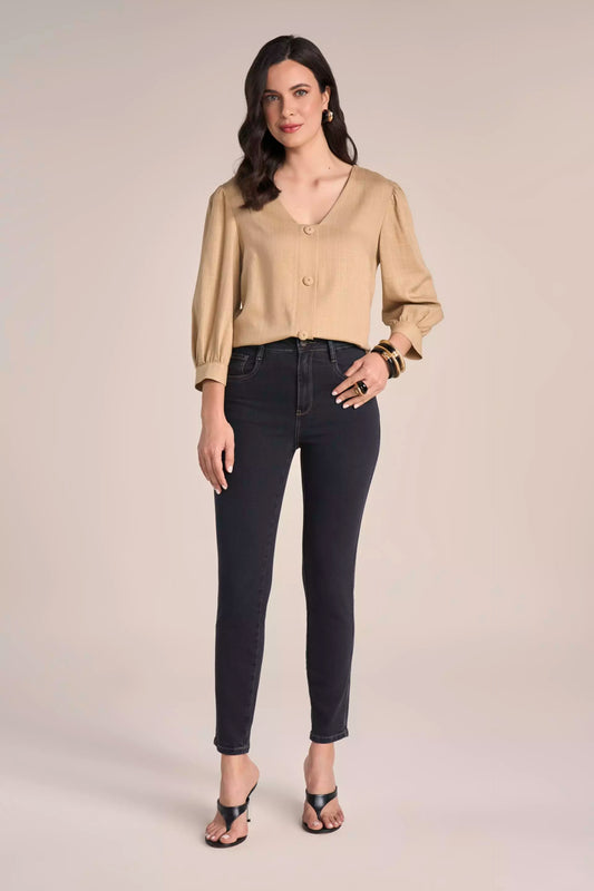 Calça Jeans Black Skinny Cintura Intermediária com Detalhe Nervura