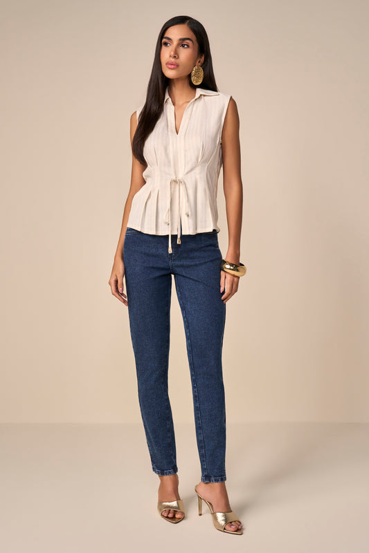 calça jeans skinny cintura intermediária com bordado