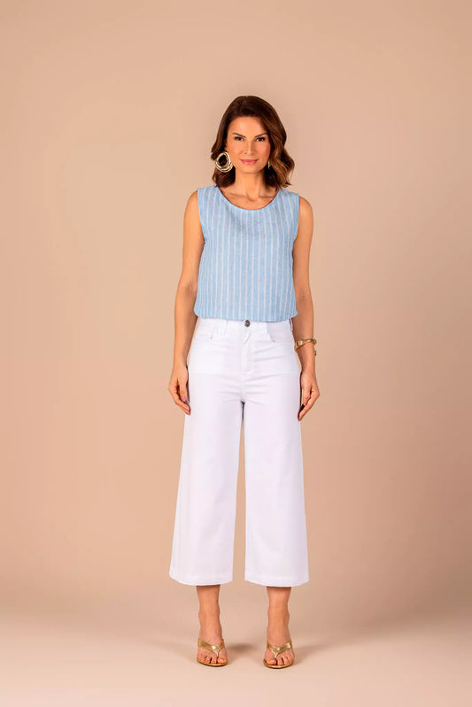 calça sarja pantacourt cintura intermediária com bordado