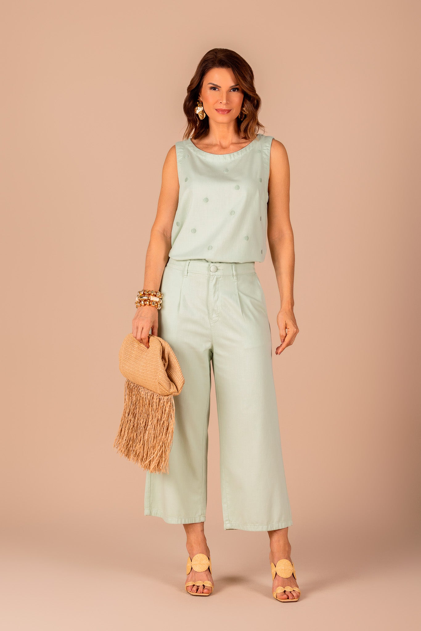 calça sarja pantacourt cintura intermediária cós de elástico