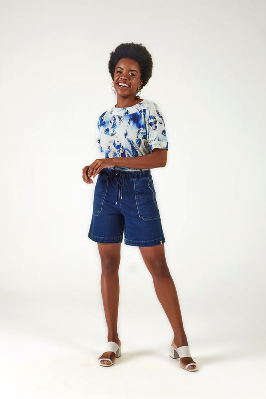 bermuda jeans malha midi cintura intermediária comfort