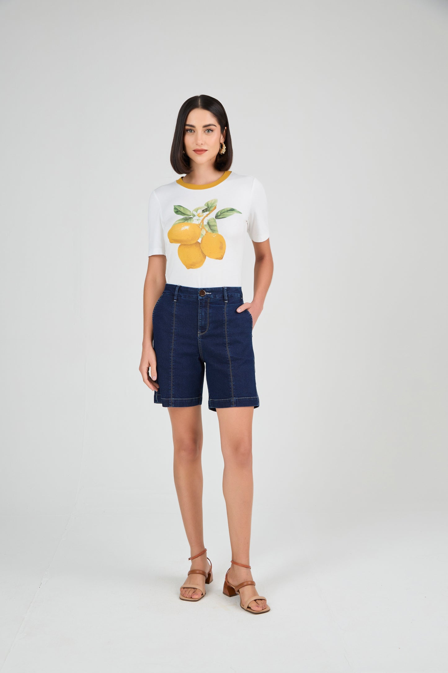 bermuda jeans midi cintura intermediária alfaiataria