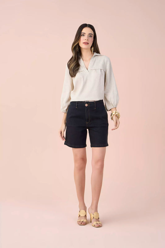 bermuda jeans black midi cintura intermediária com pence