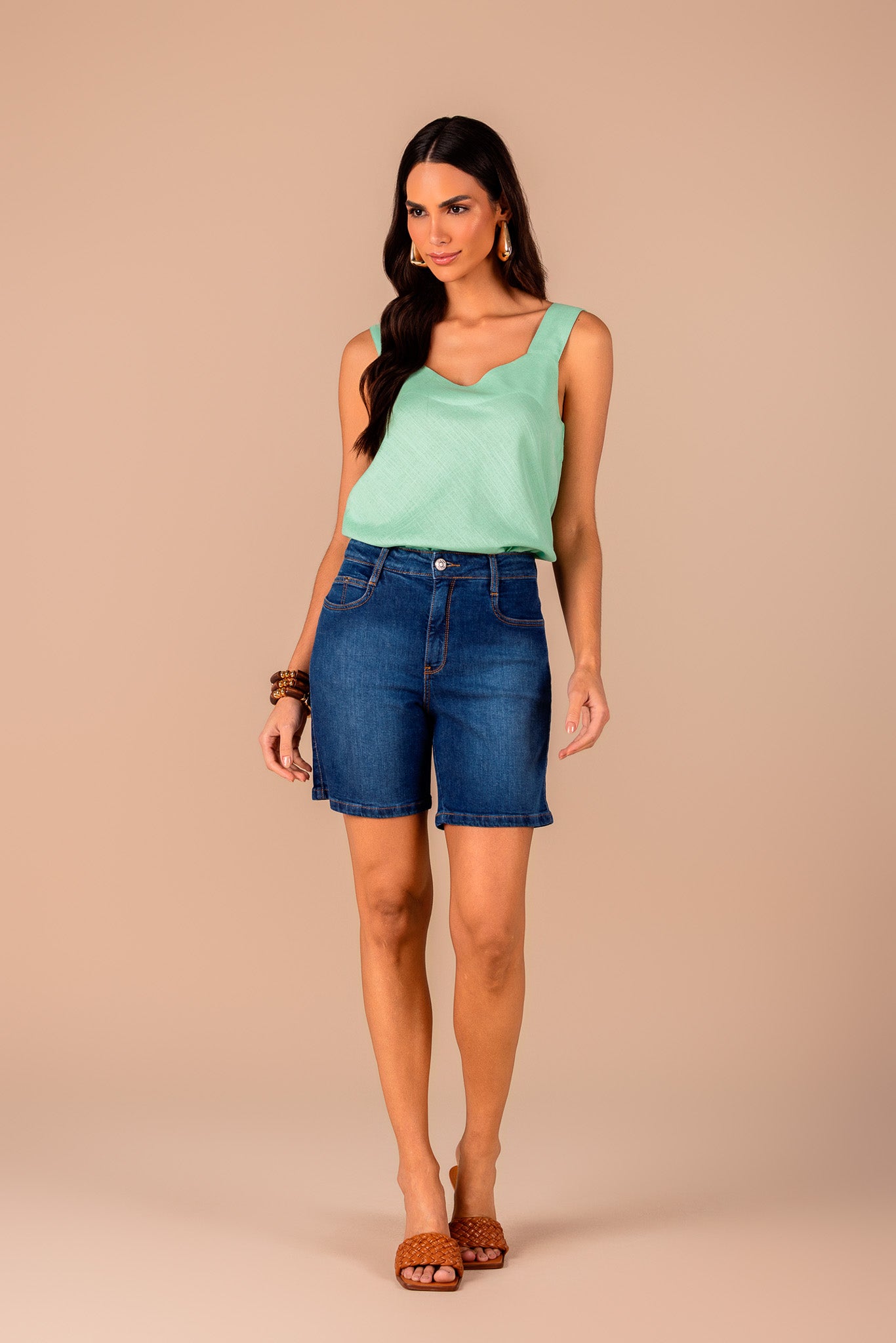 bermuda jeans midi cintura intermediária tradicional