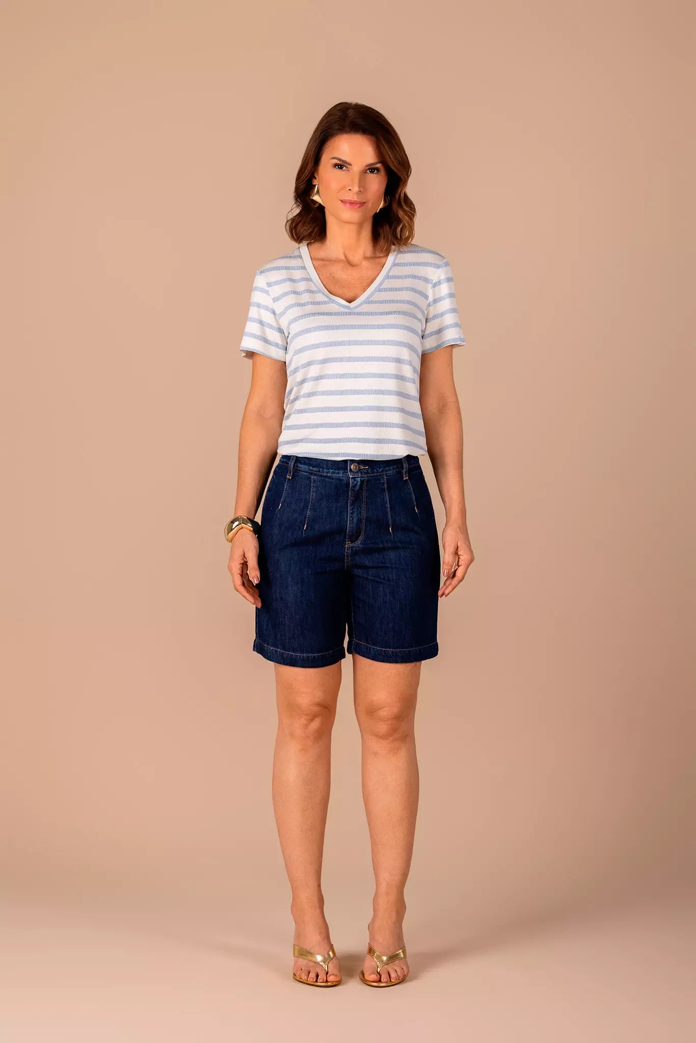 bermuda jeans midi cintura intermediária alfaiataria