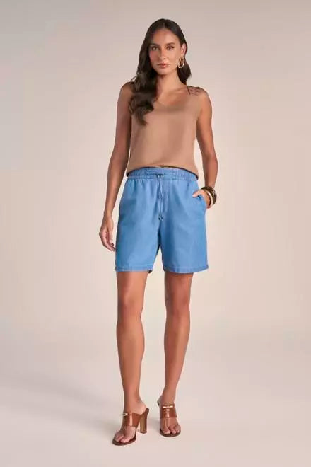 Bermuda Jeans Midi Cintura Intermediária Cós de Elástico com Ajustador