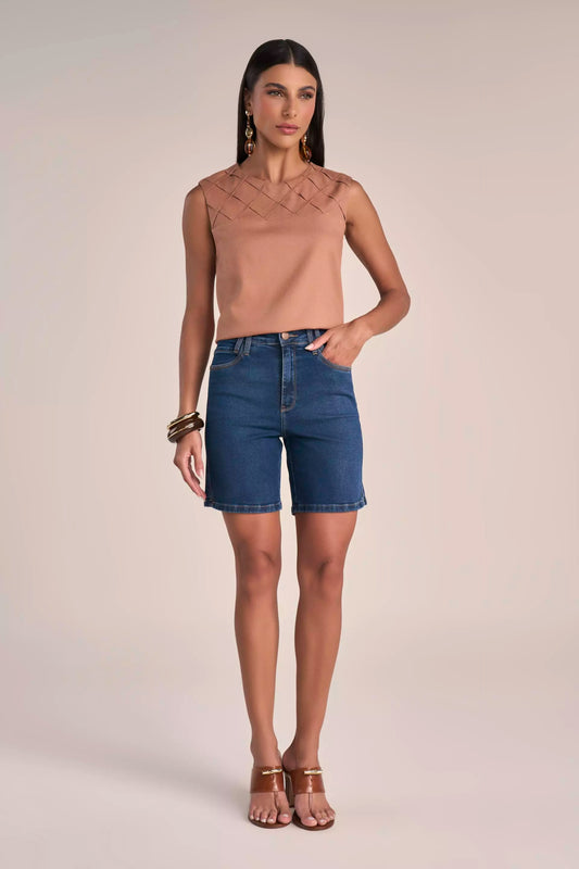 Bermuda Jeans Midi Cintura Intermediária com Pespontos Triplos