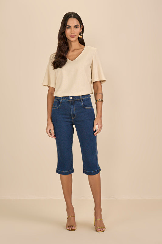 calça jeans corsário cintura intemediária com abertura