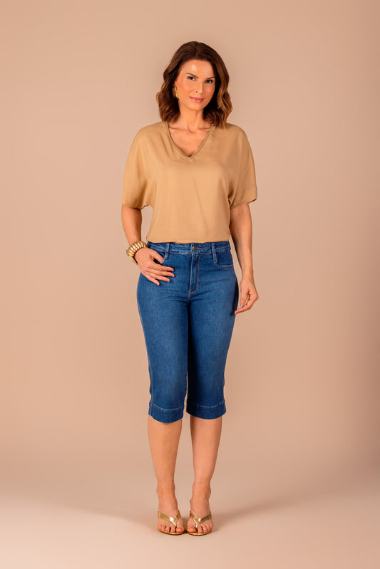 calça jeans corsário cintura intermediária com ponto corrente