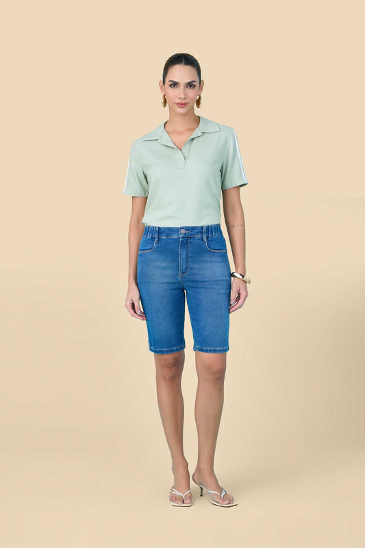 bermuda jeans malha ciclista cintura intermediária comelástico
