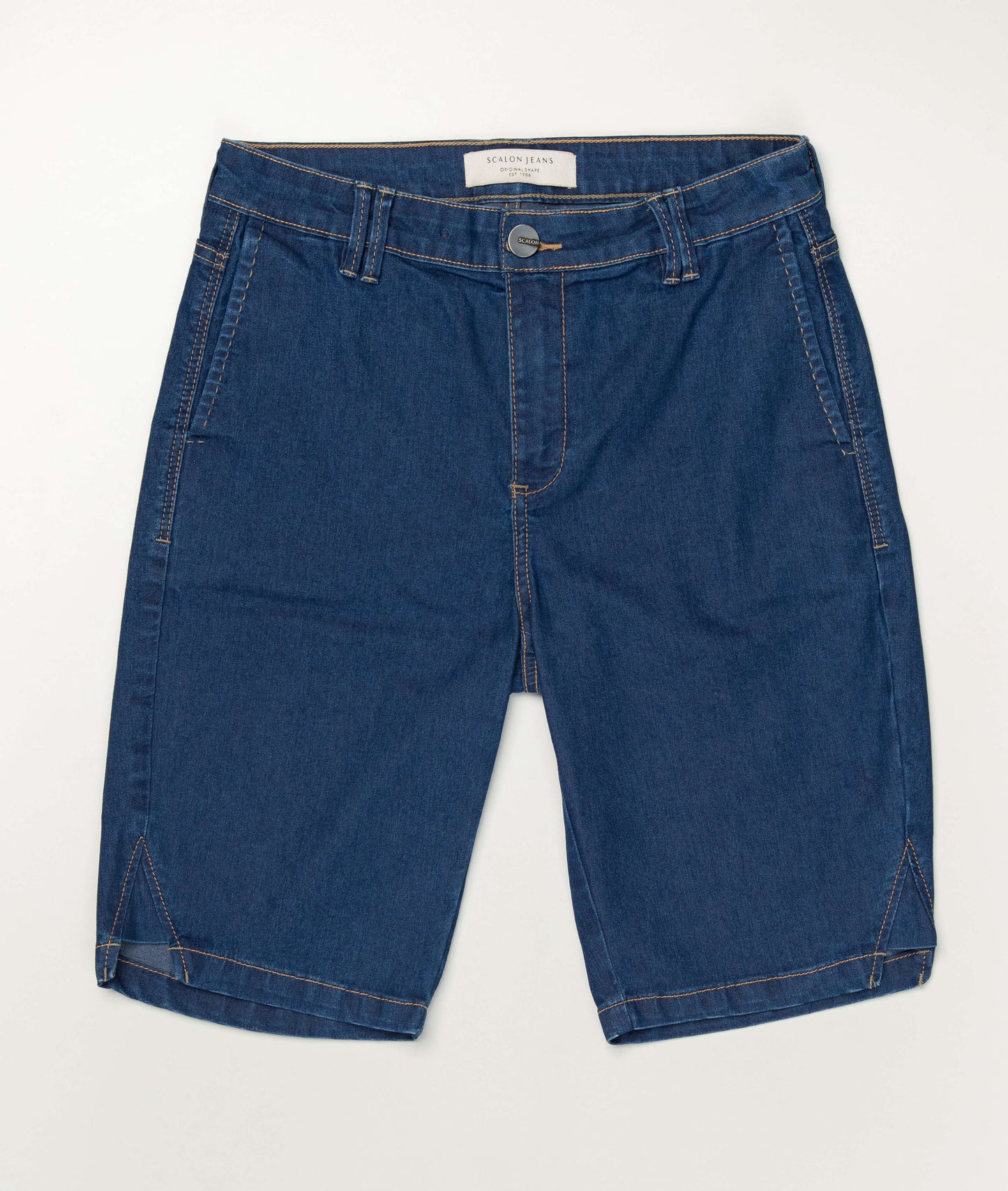 bermuda jeans ciclista detalhe lateral barra