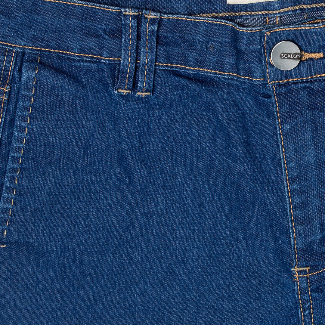 bermuda jeans ciclista detalhe lateral barra