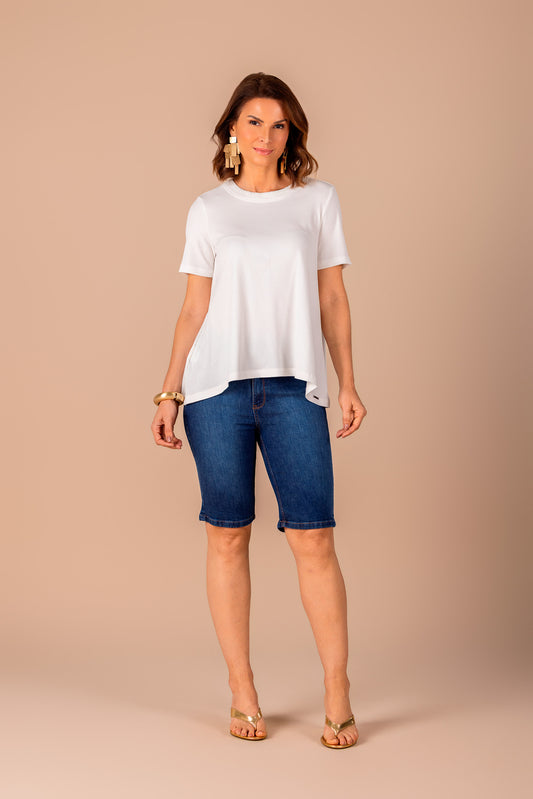 bermuda jeans ciclista cintura intermediária bolso embutido