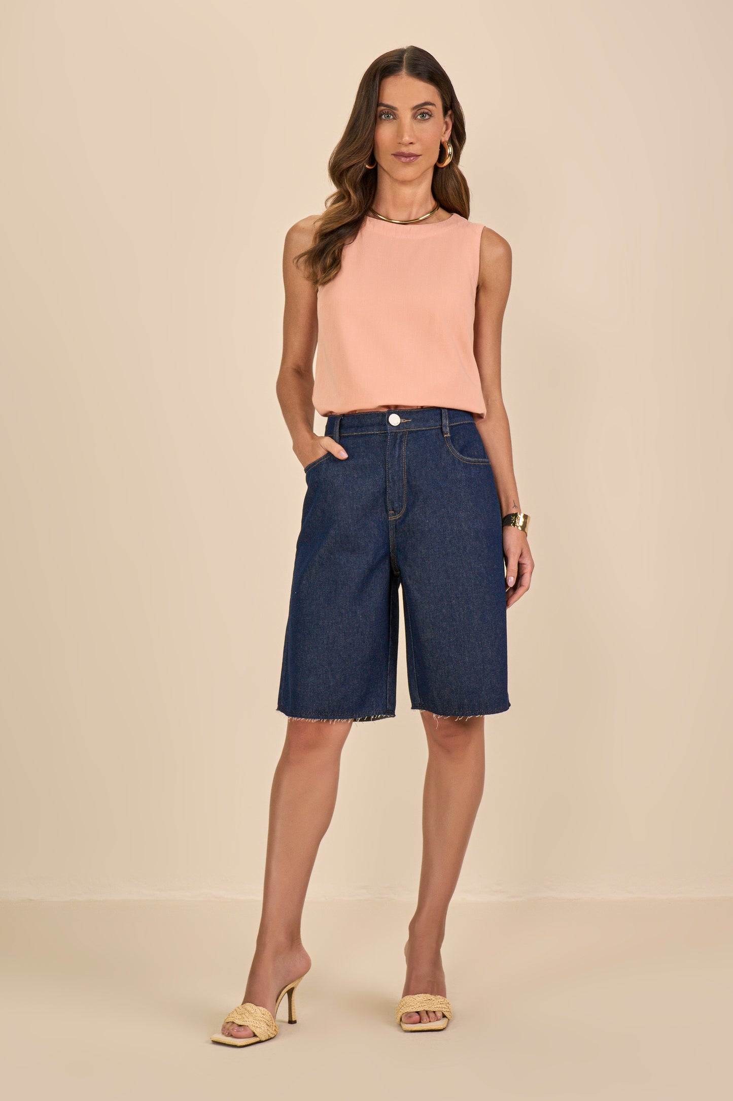 bermuda jeans jorts cintura intermediária com cós de elástico