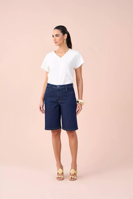 bermuda jeans jorts cintura intermediária com bordado