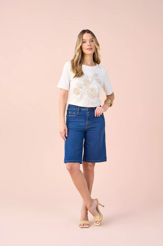 bermuda jeans jorts cintura intermediária bordada