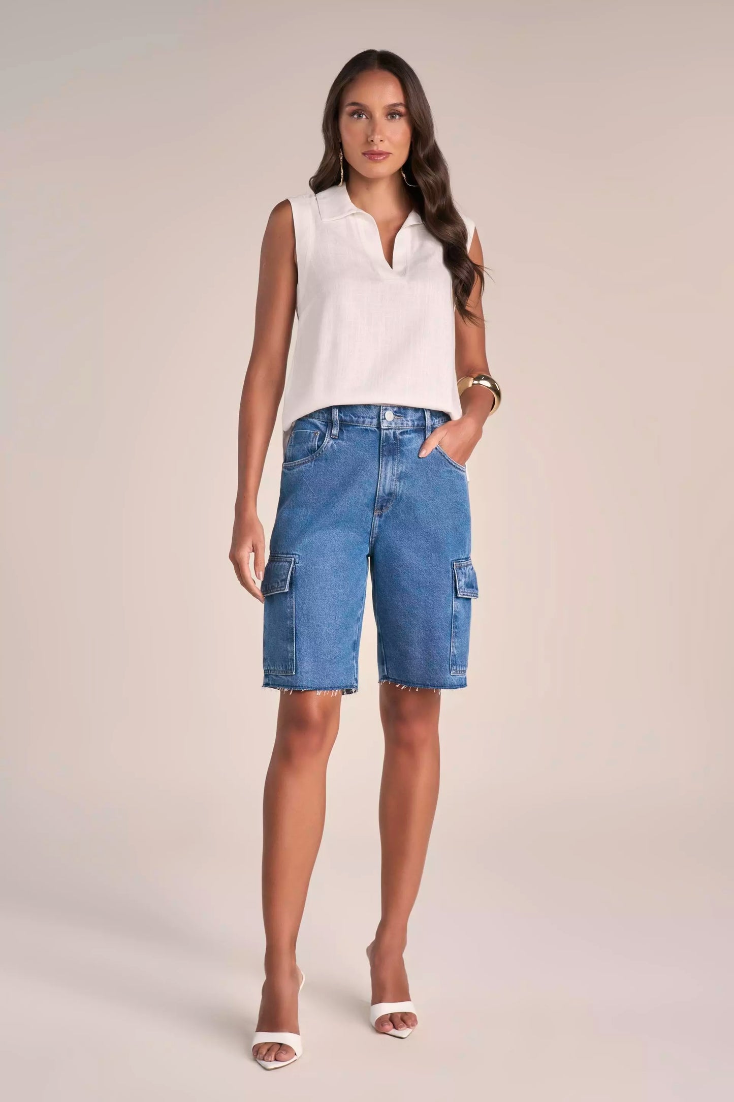 Bermuda Jeans Jorts Cintura Intermediária com Bolsos Cargo