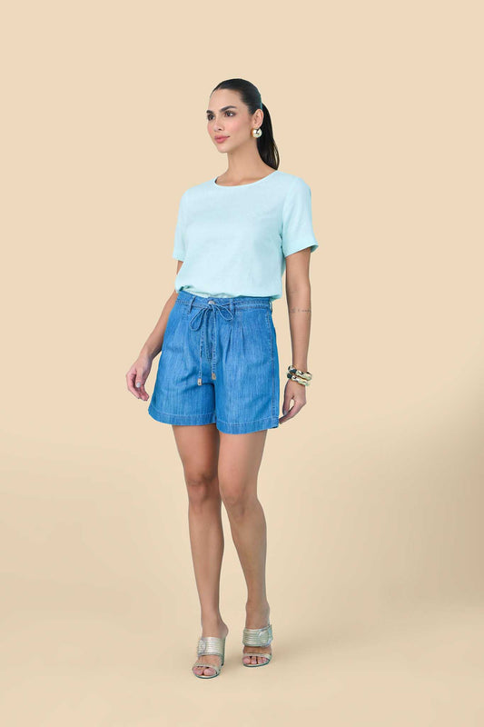 shorts jeans amplo cintura intermediária com cinto