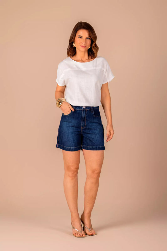 shorts jeans boyfriend cintura intermediária com galão