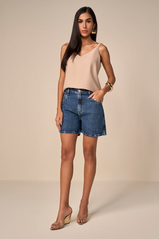 shorts jeans boyfriend cintura intermediária tradicional