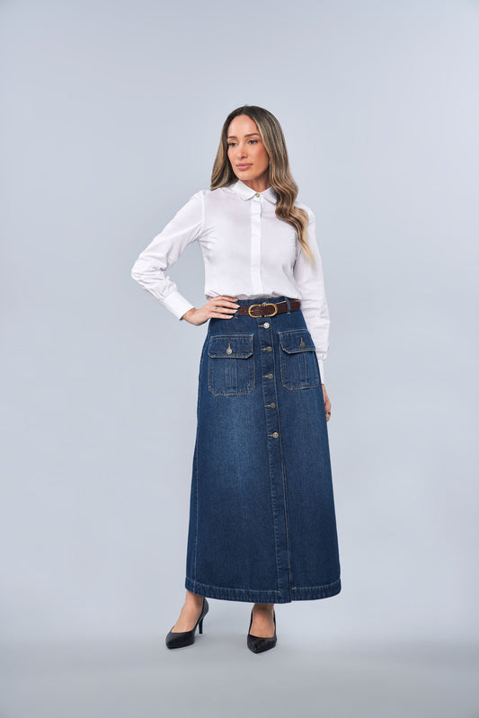 saia jeans longuete cintura intermediária com bolsos cargos