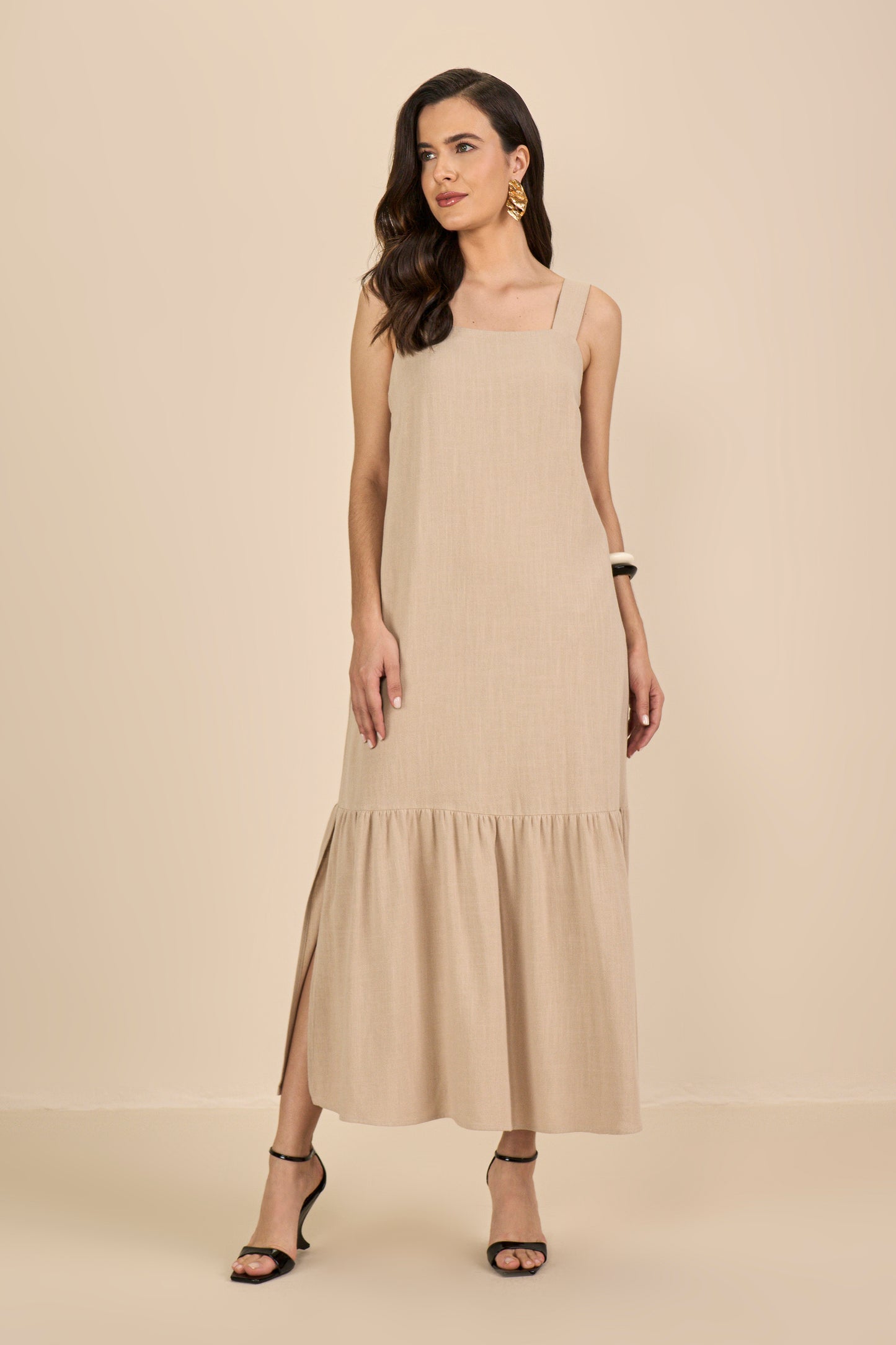 vestido viscose longuete com abertura