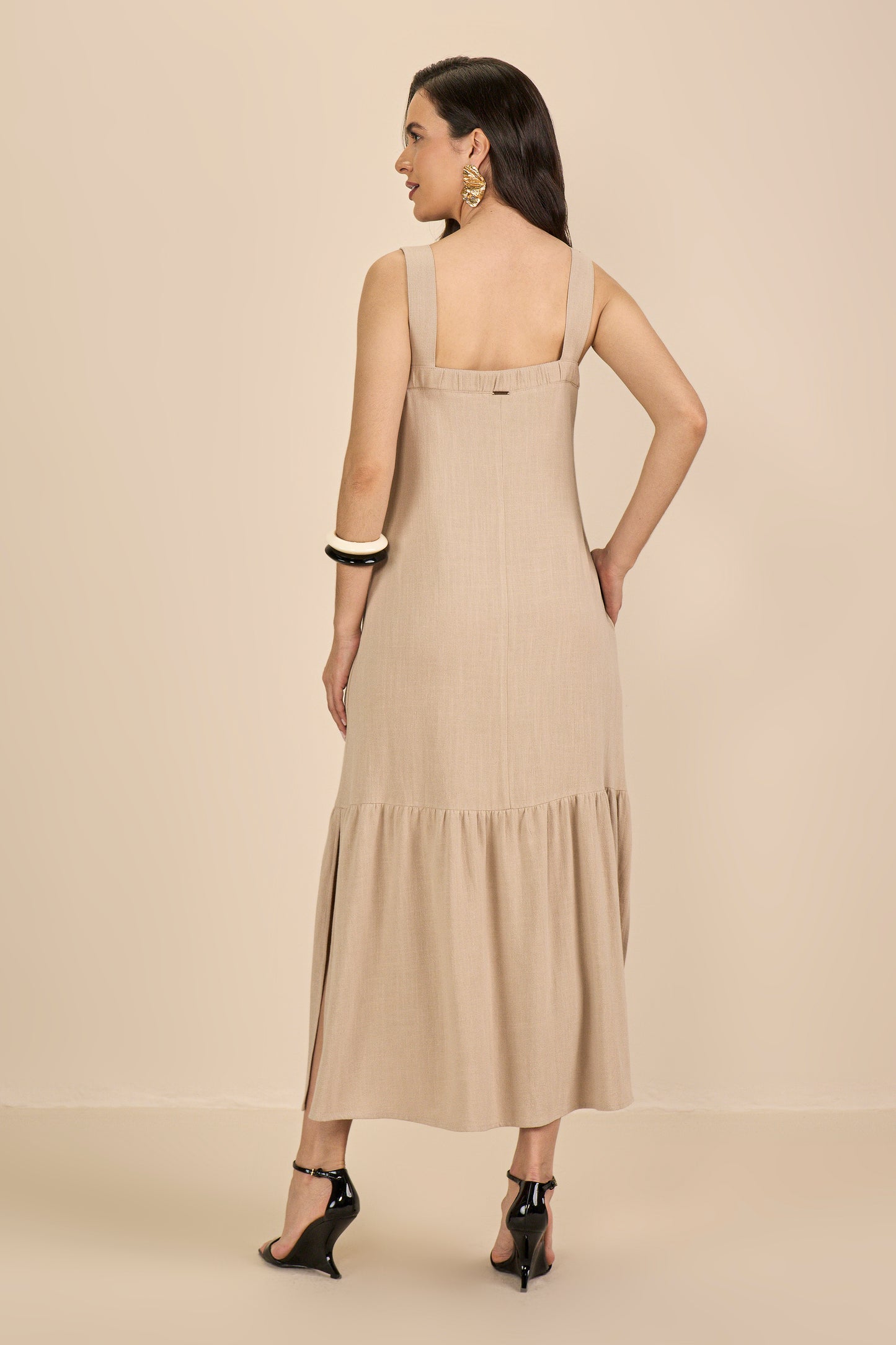 vestido viscose longuete com abertura