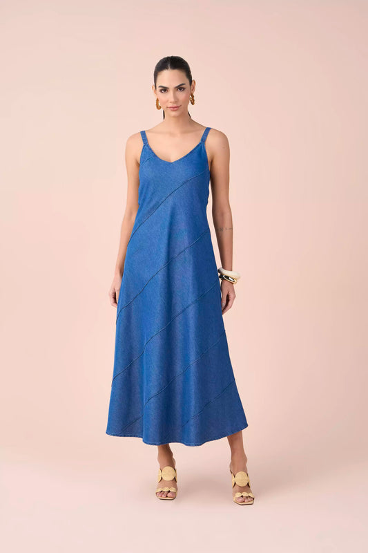 vestido jeans longuete evasãŠ com nervuras