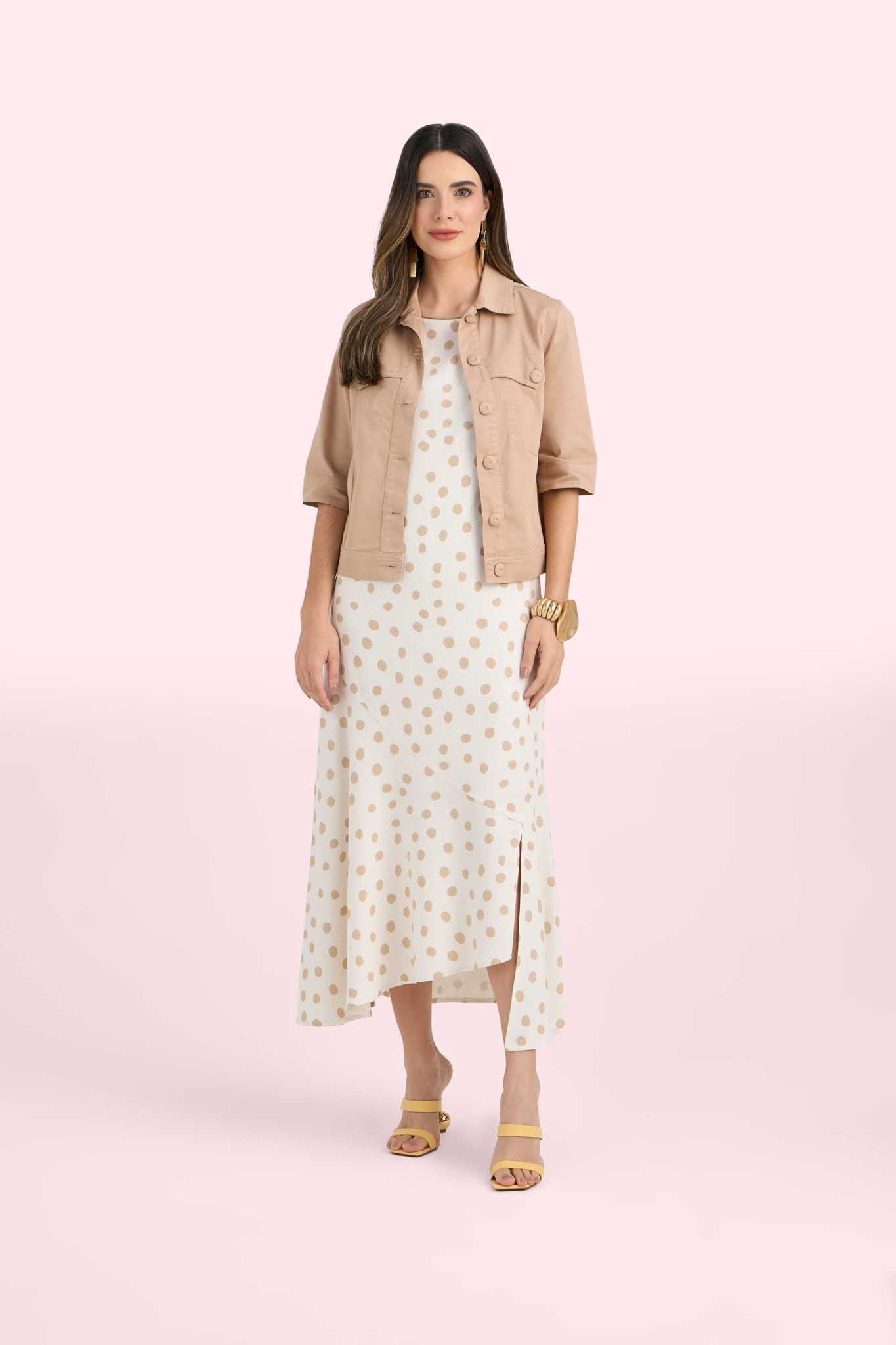 vestido viscose longuete com recorte assimétrico estampa poá
