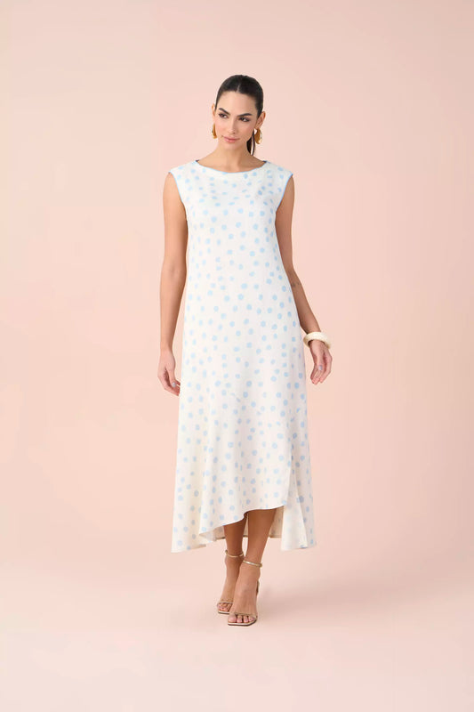 vestido viscose longuete com recorte assimétrico estampa poá�