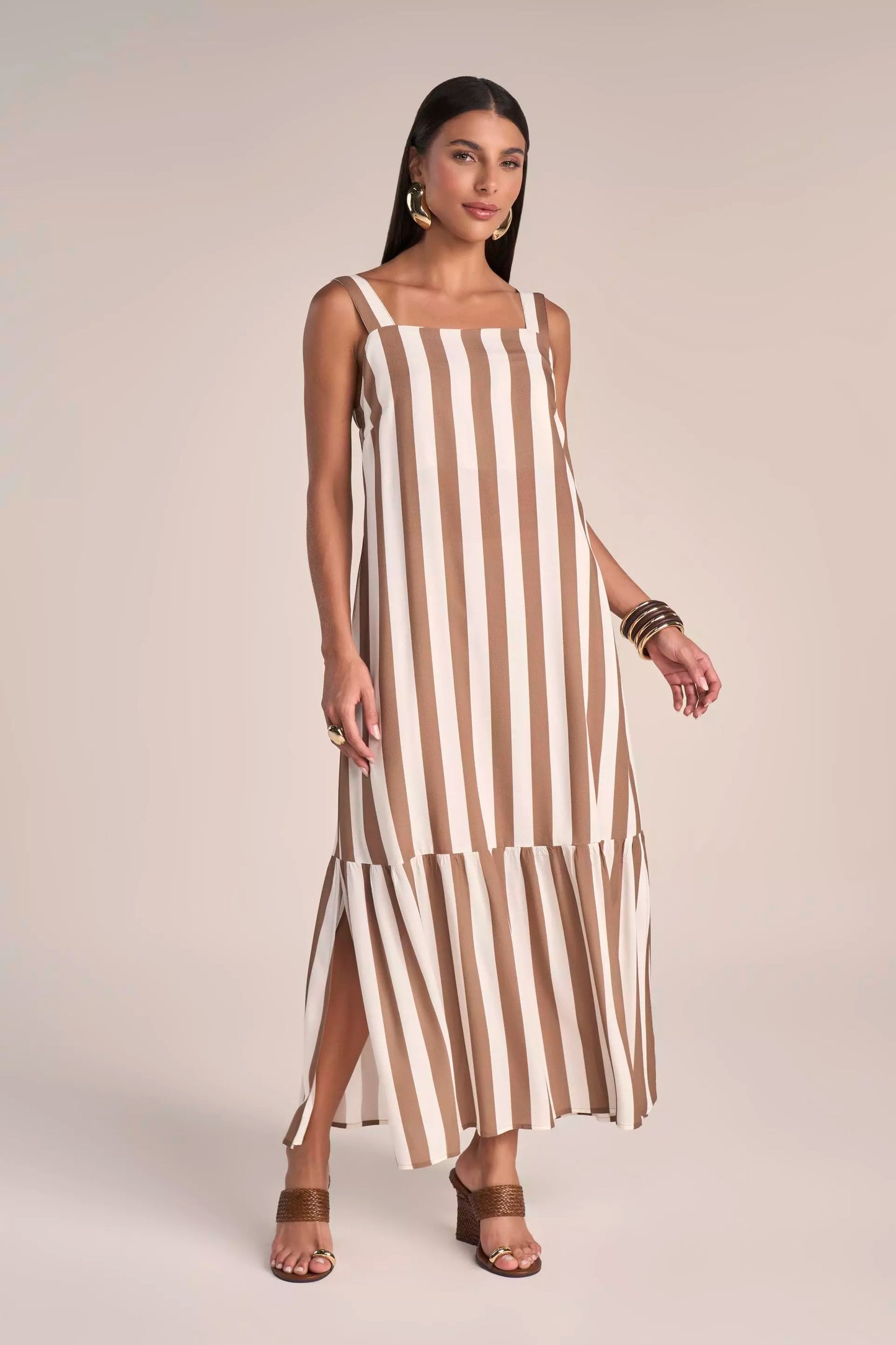 Vestido Viscose Longuete Listrado com Abertura