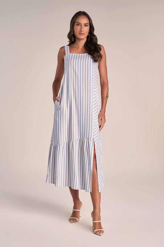 Vestido Viscose Longuete Listrado com Recortes