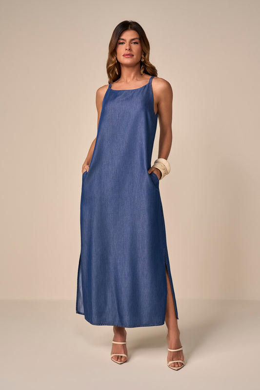 vestido jeans longuete alçafina com abertura