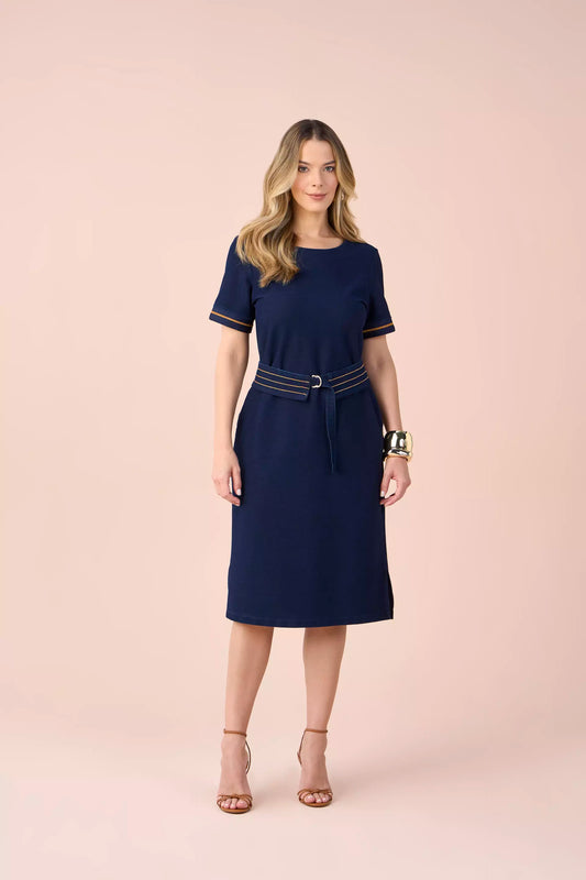 vestido malha denim curto manga curta com cinto