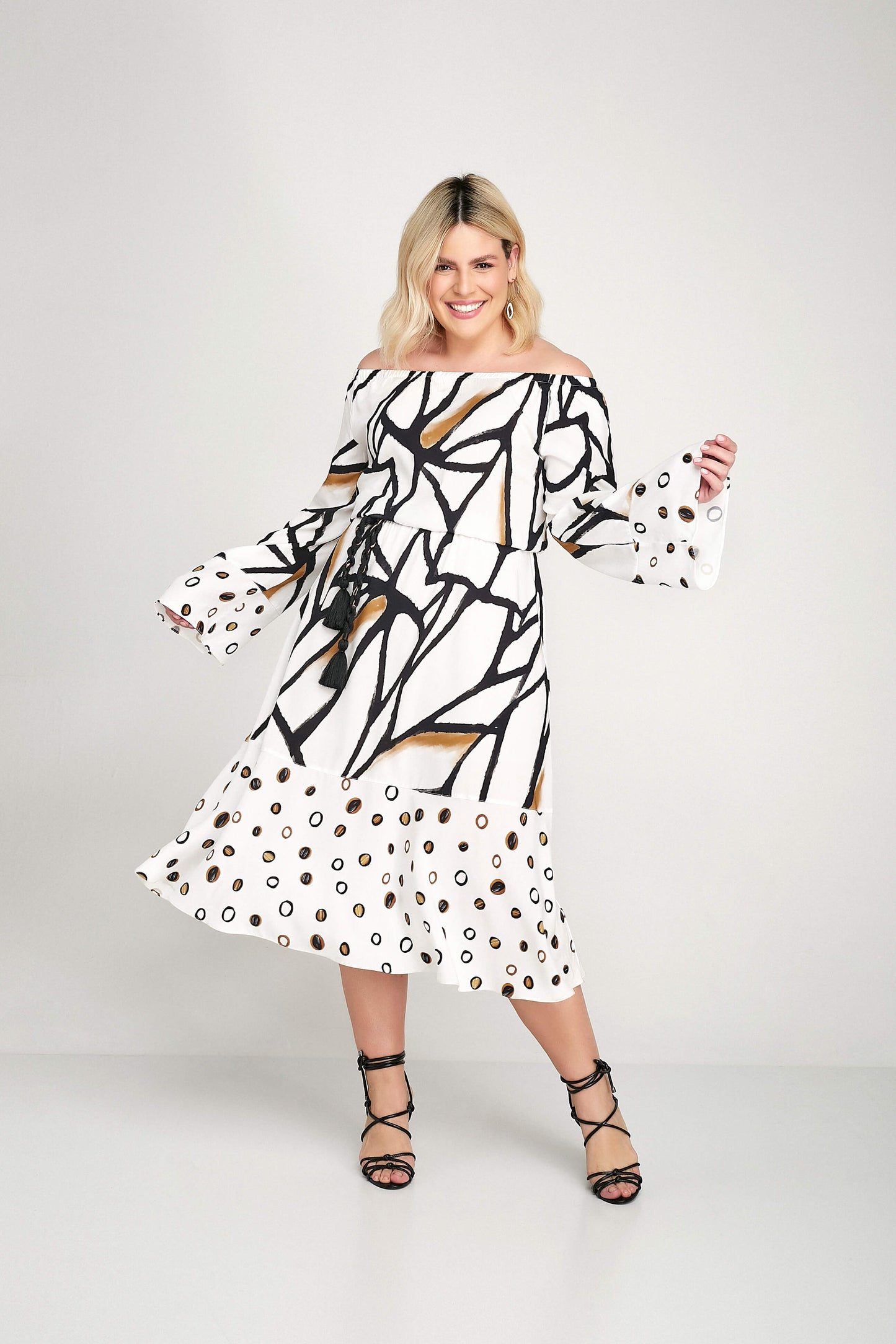 vestido viscose midi estampado com cinto
